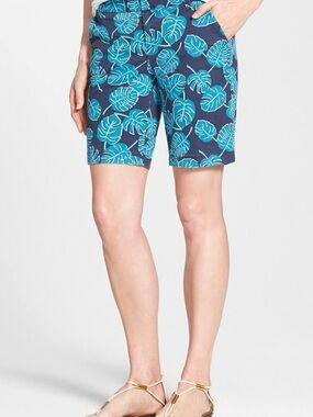 NWT Caslon Navy Bermuda Shorts with Teal Tropical Leaf Print—Size 4 Petite